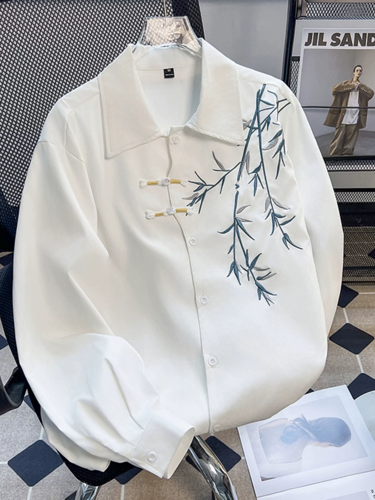 Áo sơ mi thêu tre phong cách Trung Quốc mới, bộ đồ mùa hè kiểu Đường có áo sơ mi dài tay cài nút, áo khoác Hanfu thời thượng dành cho nam.