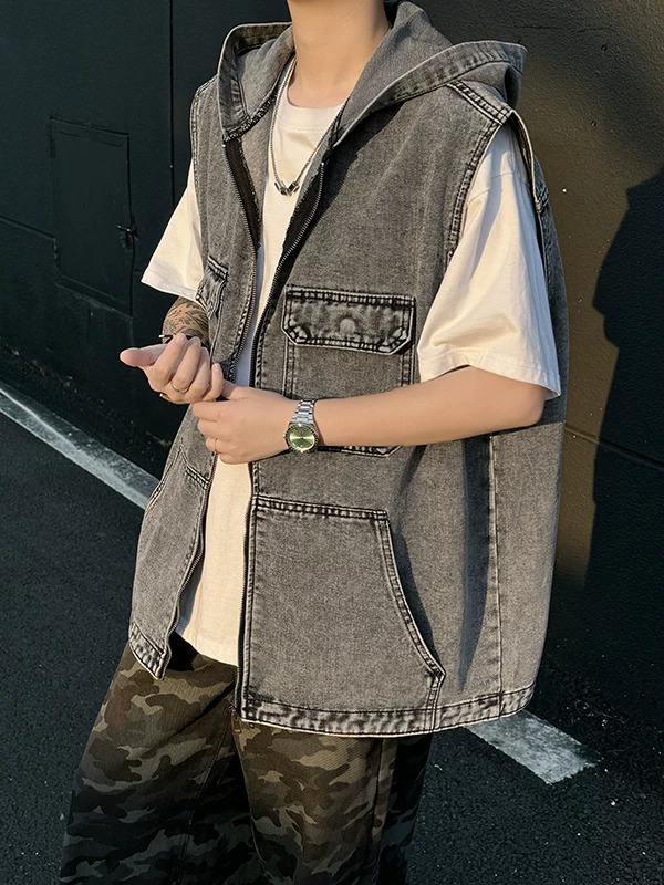 Áo vest denim không tay phong cách cổ điển Nhật Bản dành cho nam, áo khoác có mũ trùm đầu kiểu công sở hợp thời trang, áo khoác vest phá cách phong cách Mỹ mùa hè.