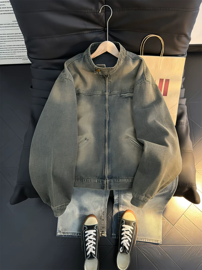 Áo khoác denim kiểu Mỹ cổ điển dành cho nam, áo khoác cổ đứng có khóa kéo dáng rộng, áo khoác cao cấp thời thượng mùa xuân thu.