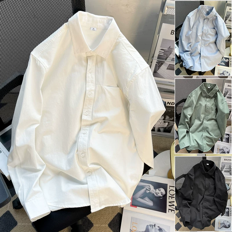 Áo sơ mi dài tay màu trơn cơ bản dành cho nam, áo kiểu Nhật Bản đơn giản, phong cách thường ngày, áo lót mỏng rộng rãi hợp thời trang mùa hè.
