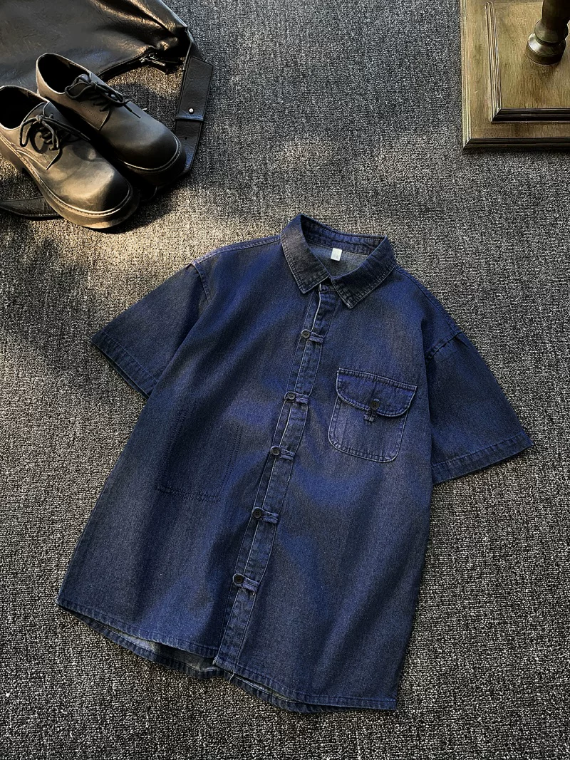 Áo sơ mi denim nam tay ngắn, kiểu dáng rộng rãi, thời trang mùa hè, có khuy cài, phong cách áo khoác công sở Mỹ.