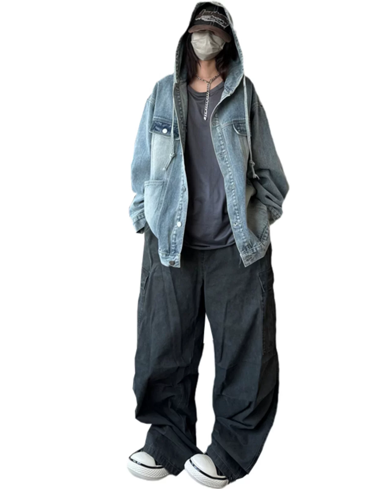 Áo khoác denim cổ điển của Mỹ dành cho nam, áo khoác có mũ rộng rãi, áo khoác thường ngày được giặt mài theo xu hướng mùa xuân thu.