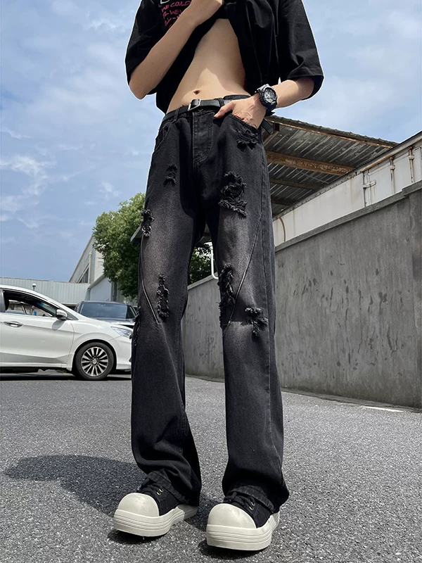 Quần jean nam màu vàng bùn, phong cách đường phố Mỹ, quần rách, dáng rộng mùa hè, thương hiệu thời thượng, quần dài hơi loe.