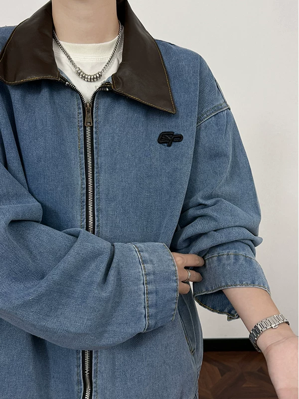 Áo khoác denim phối da PU thời trang dành cho nam, áo khoác có khóa kéo phối màu xuân thu, áo khoác kiểu Mỹ cổ điển.