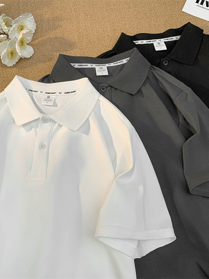 Áo polo màu trơn tối giản phong cách Nhật Bản dành cho nam, áo mùa hè tay ngắn, áo thun nửa tay rộng rãi, hợp thời trang, mát mẻ.