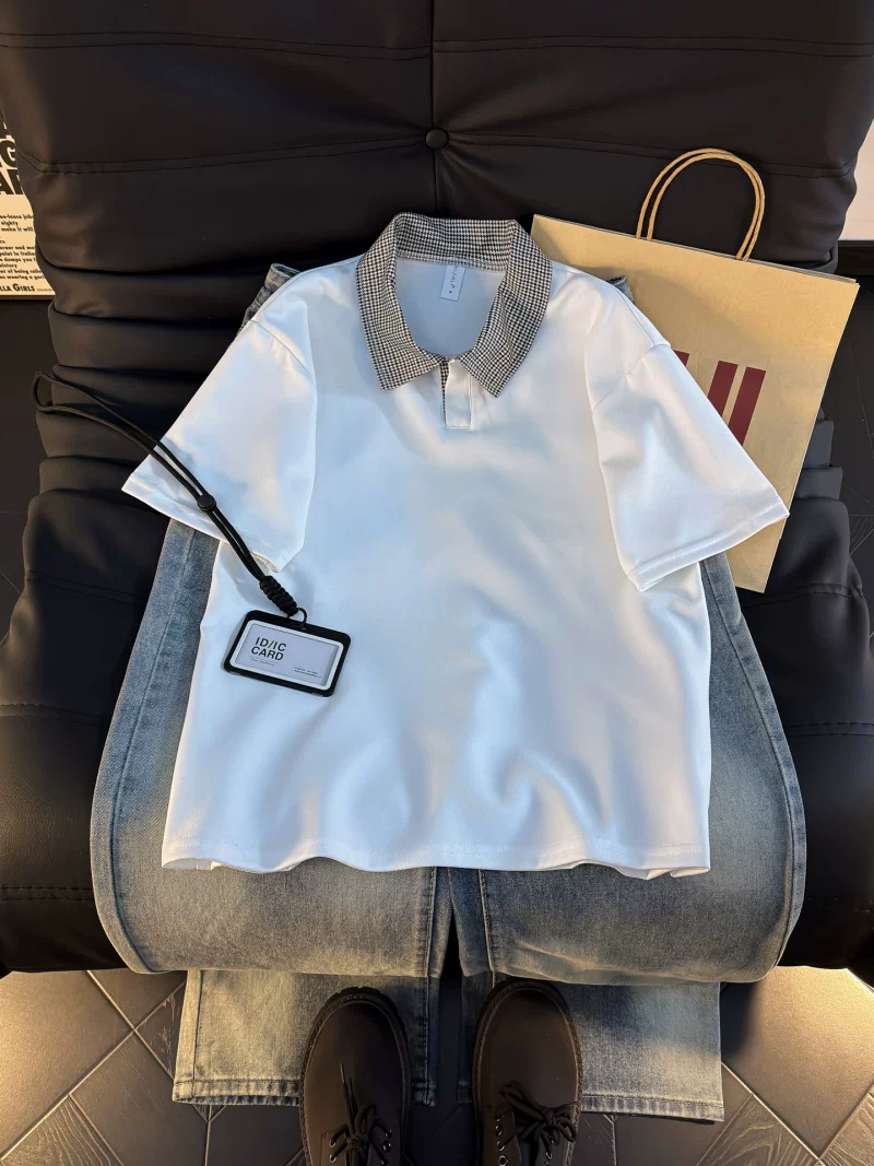 Áo sơ mi Polo tay ngắn chắp vá kẻ sọc dành cho nam và nữ, áo cổ lật dáng rộng hợp thời trang mùa hè, áo thun nửa tay kiểu Mỹ dành cho cặp đôi