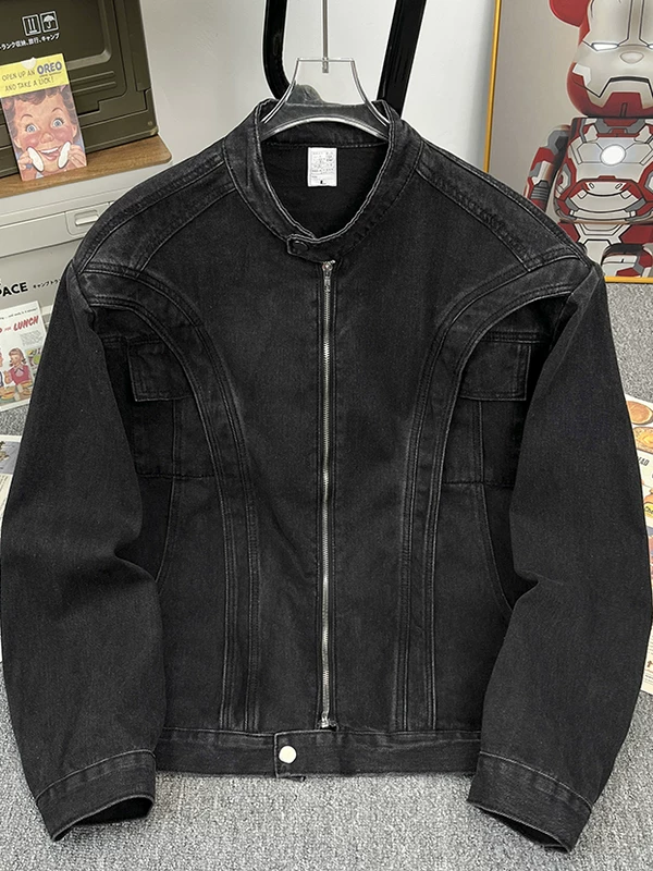 Áo khoác denim kiểu Mỹ dành cho nam, thương hiệu thời thượng, cổ đứng, vai đệm, áo khoác kiểu công sở, bền chắc, phong cách đường phố, có khóa kéo, áo ngắn.