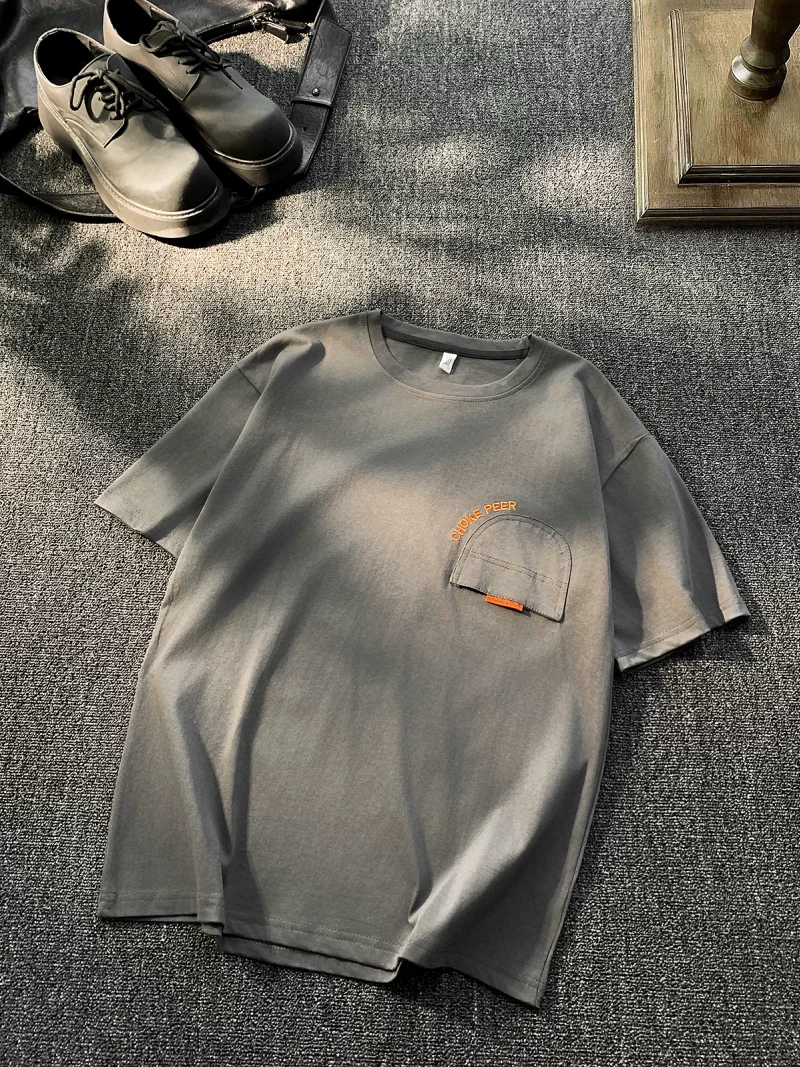 Áo thun nam tay ngắn thêu chữ kiểu Mỹ, chất liệu cotton nguyên chất, phong cách casual mùa hè, thương hiệu thời thượng, dáng rộng, cảm giác cao cấp.