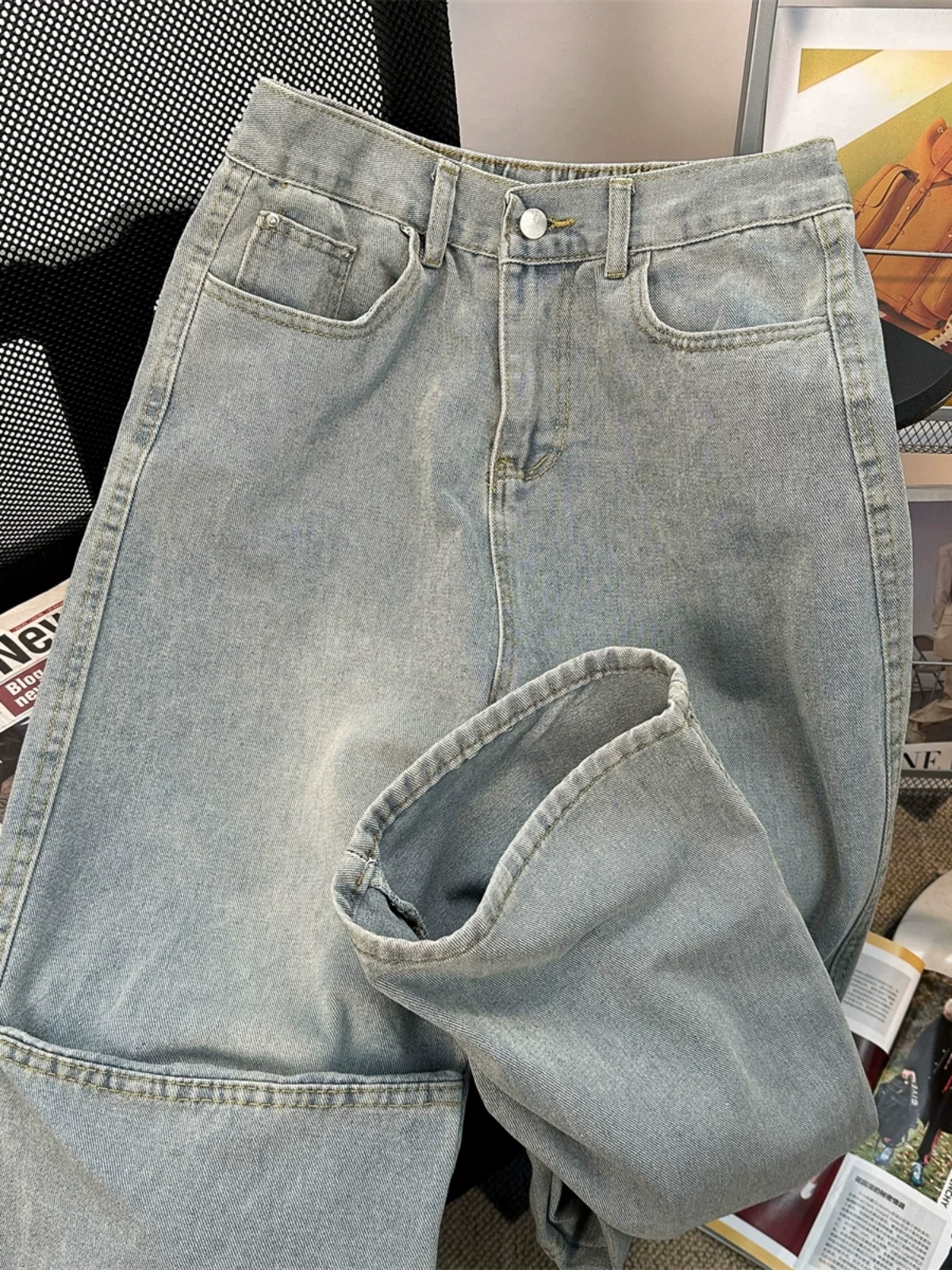 Quần jeans thiết kế thời trang nam, quần bố kiểu Mỹ phối vải chắp vá, quần ống rộng dáng suông xu hướng xuân thu.