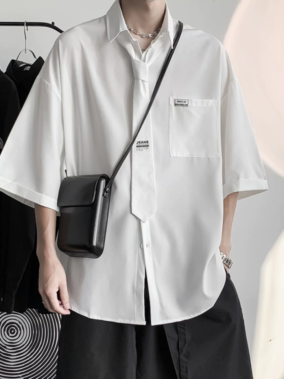 Áo sơ mi ngắn tay kiểu Hồng Kông dành cho nam, kiểu dáng rộng rãi mùa hè, áo sơ mi tay lửng, áo khoác thường ngày đa năng hợp thời trang.