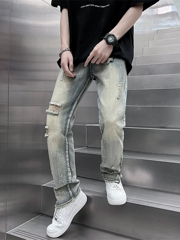 Quần có khóa kéo bên hông phong cách Mỹ, quần jean rách nam phong cách retro Mỹ, quần ống đứng thời trang xuân hè, thương hiệu thời thượng, cá tính.