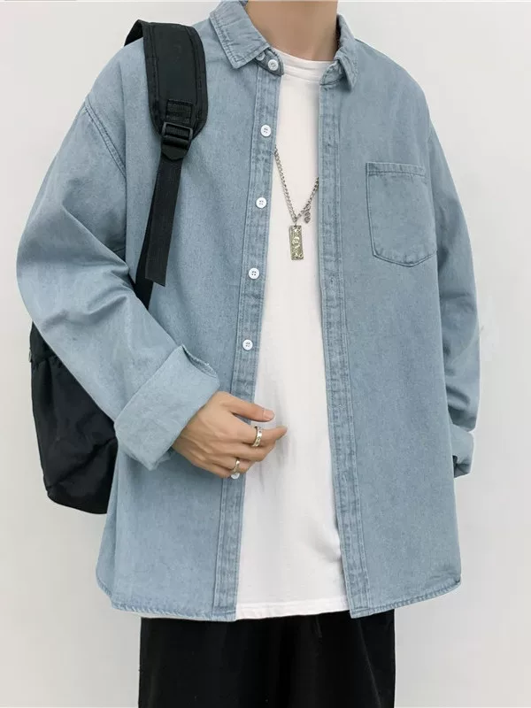 Áo sơ mi denim retro thương hiệu thời thượng dành cho nam, áo khoác sơ mi dài tay dáng rộng phong cách Hàn Quốc thời thượng mùa xuân thu