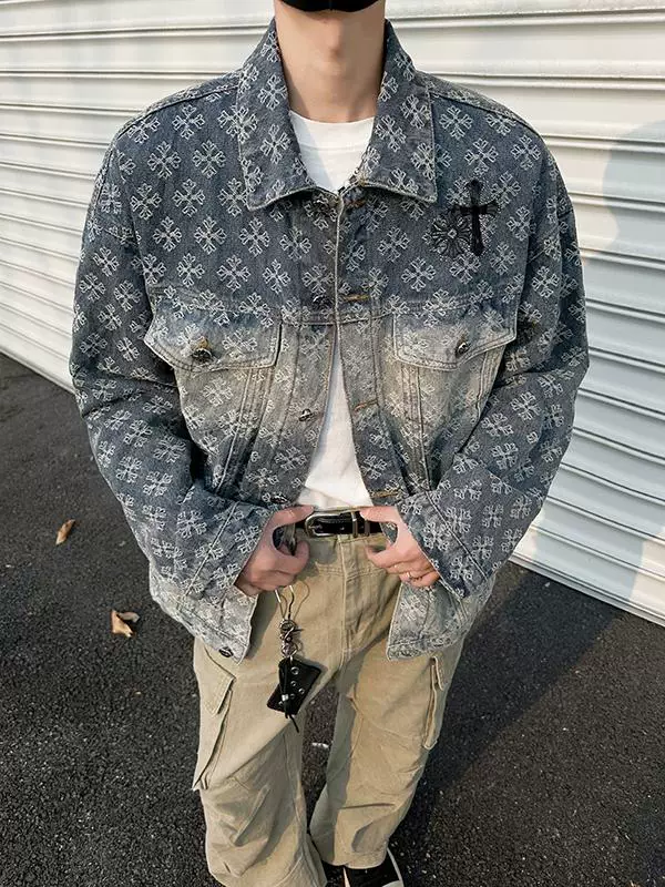 Áo khoác denim thêu Jacquard dành cho nam, phong cách retro Mỹ thời thượng mùa xuân thu, áo khoác công sở rộng rãi, thoáng mát.