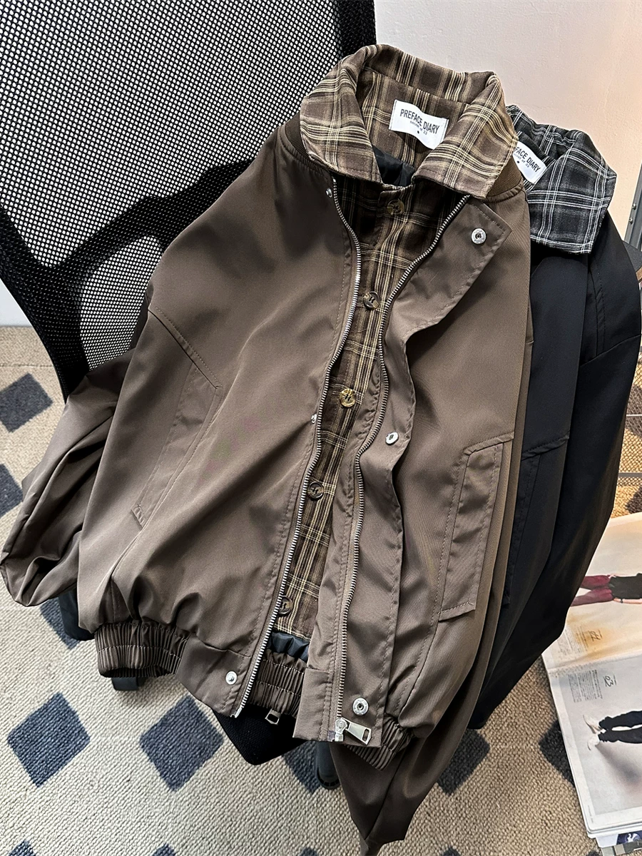 Áo khoác retro Mỹ dành cho nam, áo khoác bóng chày giả hai mảnh phong cách cổ điển hợp thời trang, thiết kế xuân thu, dáng rộng.