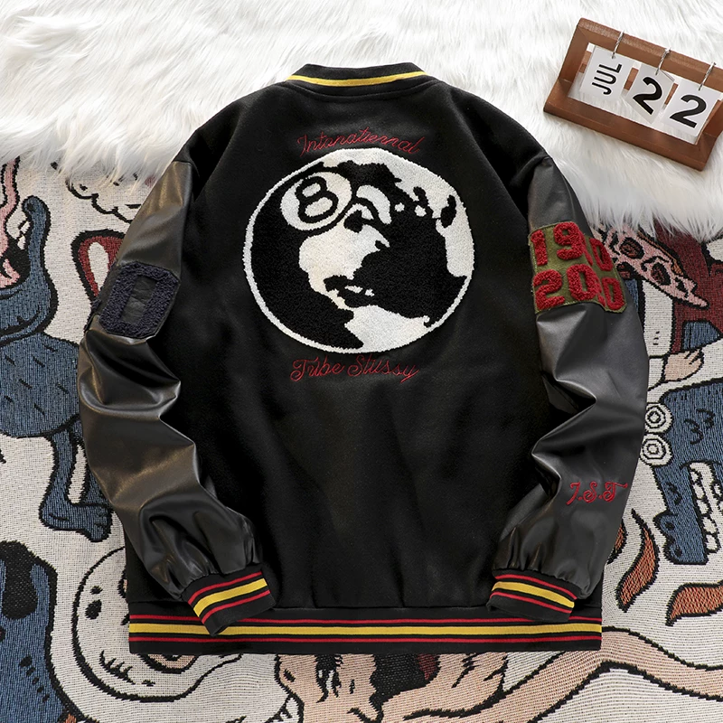 Áo khoác da PU thêu chắp vá dành cho nam, áo khoác bóng chày phong cách retro Mỹ hip-hop, áo khoác ngoài dáng rộng hợp thời trang mùa xuân thu mới dành cho cặp đôi.