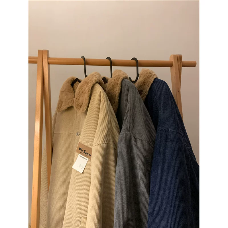Áo khoác cotton lót lông cừu dày dặn dành cho nam, áo khoác cotton vải nhung kiểu Nhật, áo khoác ngoài đệm bông kiểu dáng rộng rãi, hợp thời trang, phong cách công sở.