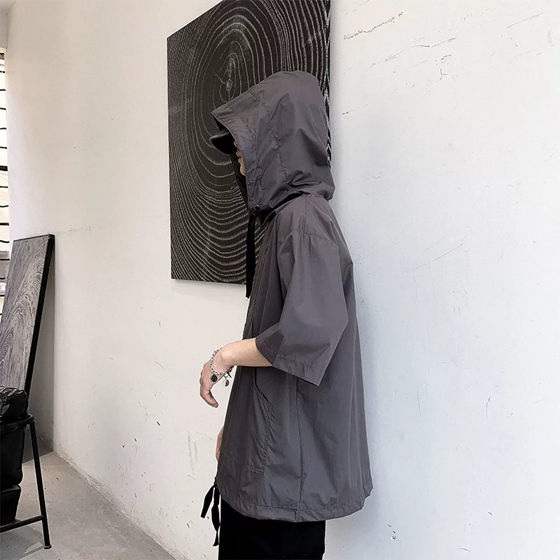 Áo sơ mi nam màu trơn phong cách Harajuku, áo có mũ thời trang Hàn Quốc mùa hè, áo sơ mi ngắn tay dáng rộng thương hiệu thời thượng.