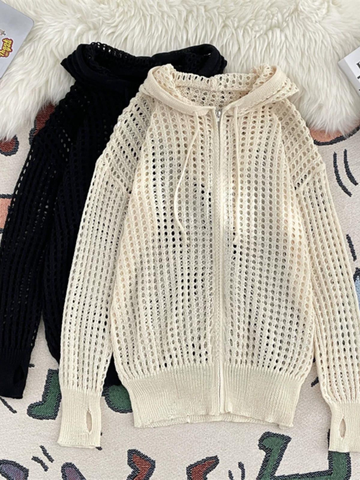 Quần áo chống nắng bằng vải lụa băng mát mẻ cho nam và nữ, áo dệt kim mỏng có mũ trùm đầu mùa hè, thiết kế rộng rãi hợp thời trang, áo khoác khoét lỗ.