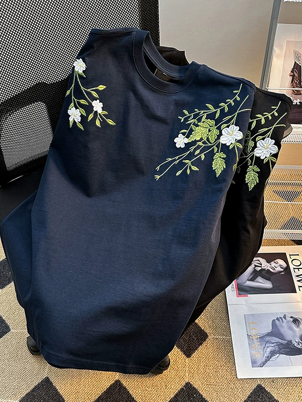 Áo thun nam tay ngắn họa tiết hoa, kiểu Mỹ thời trang, dáng rộng, cặp đôi, mùa hè 2025, áo thun thêu mới