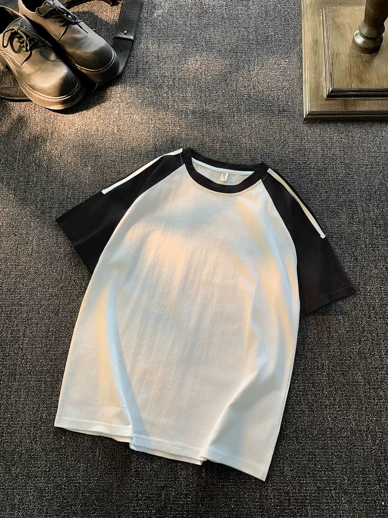 Áo thun nam tay ngắn phối màu tương phản, kiểu Mỹ cổ điển mùa hè, chất liệu cotton nguyên chất, áo thun tay lửng thời trang, thương hiệu nổi tiếng, kiểu dáng rộng rãi thoải mái.