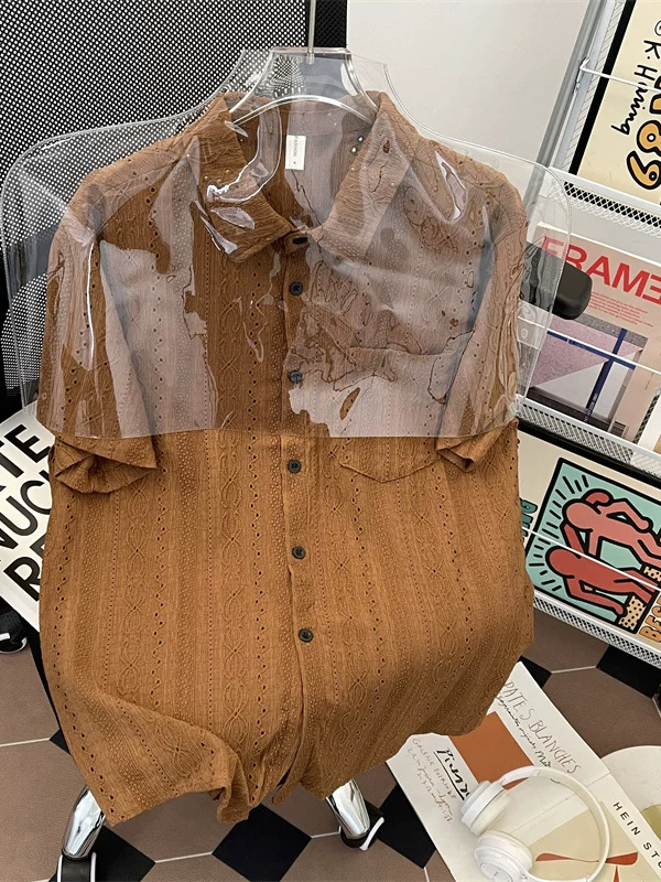 Áo sơ mi nam tay ngắn kiểu Nhật, chất liệu lụa đá mùa hè, cổ polo, thiết kế thời trang, thương hiệu sành điệu.