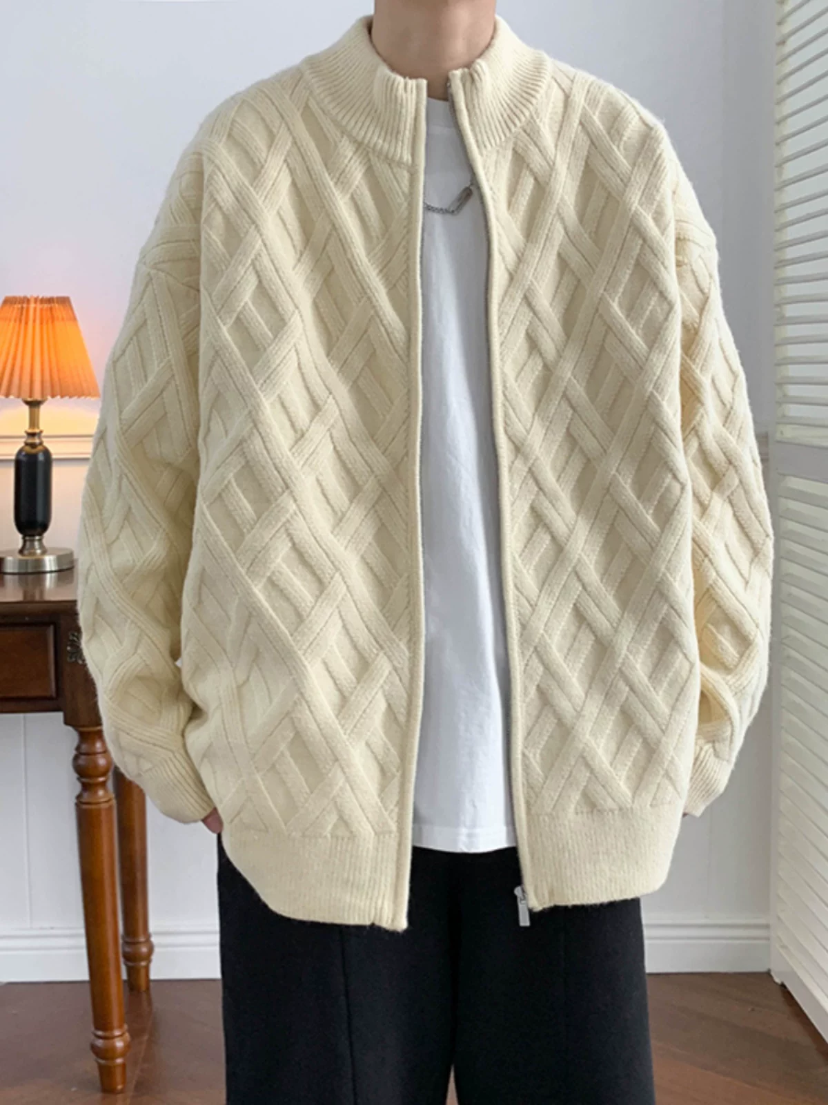 Áo len cardigan nam thu đông 2024 kiểu dáng thời trang cổ đứng, chất liệu dệt kim, dáng rộng, phong cách Nhật Bản, áo khoác len casual