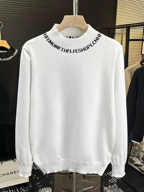 Áo len cổ lọ nửa cao thêu chữ Jacquard dành cho nam, thời trang thu đông, áo len dệt kim phong cách trưởng thành hợp xu hướng, áo mặc trong.