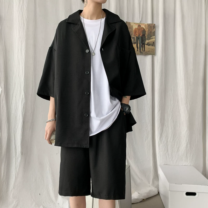 Bộ vest nam thường ngày, áo khoác tay lửng phong cách Hồng Kông mùa hè, áo blazer đa năng phong cách Hàn Quốc, quần short rộng rãi.