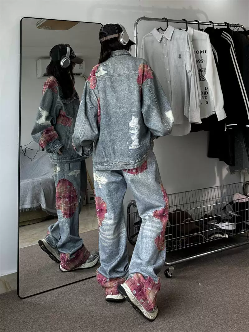 Áo khoác denim rách phối ren nặng chất liệu bền chắc dành cho nam, thiết kế độc đáo phong cách Mỹ, bộ áo khoác và quần denim dáng rộng.