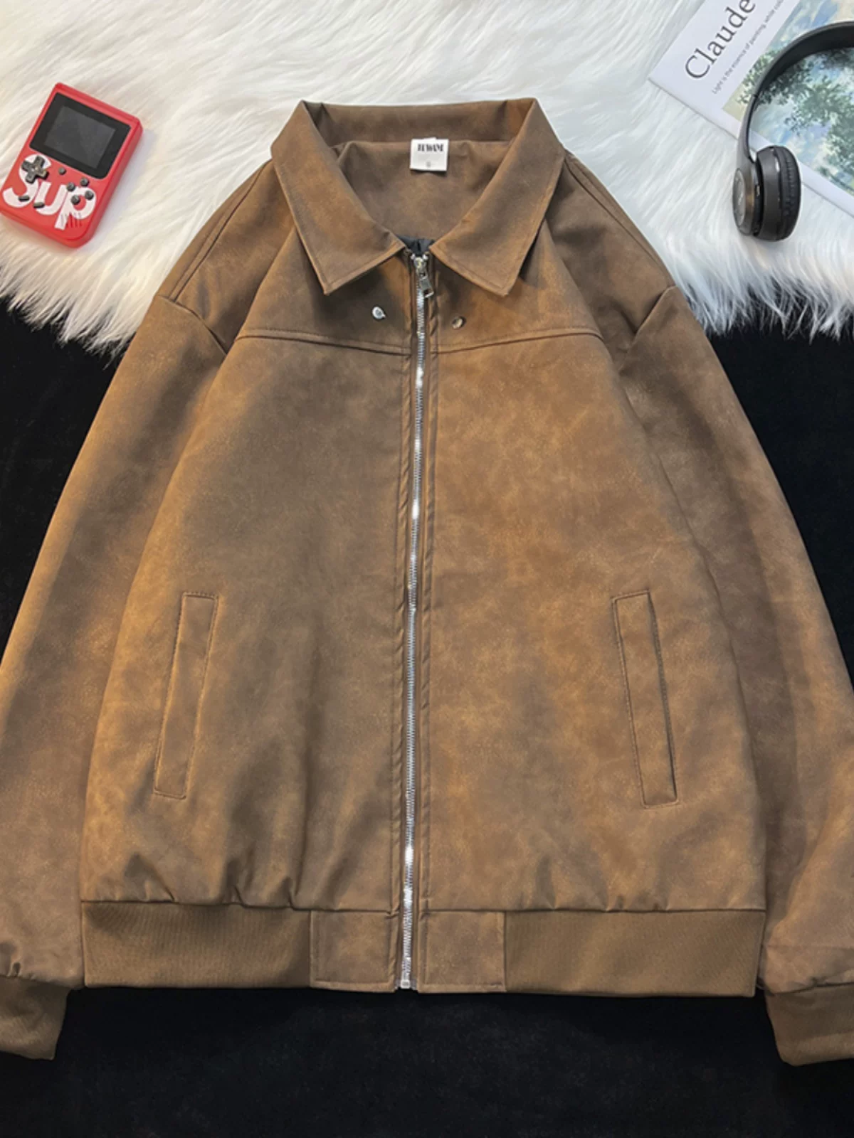 Áo khoác da PU phong cách retro Mỹ dành cho nam, dáng rộng, cổ lật, kiểu biker, áo khoác ngắn thời trang mùa xuân thu.