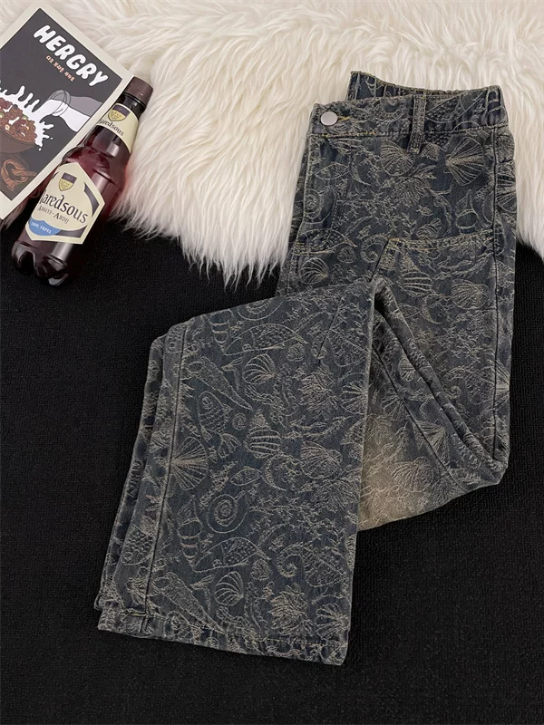 Quần jeans jacquard kiểu Mỹ dành cho nam, quần ống rộng dáng suông retro thời thượng, phong cách đường phố, quần dài ống rộng in họa tiết toàn bộ.