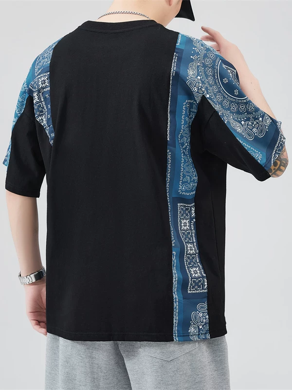 Áo thun nam tay ngắn phong cách dân tộc, kiểu dáng rộng rãi thời trang, phối họa tiết, chất liệu cotton nguyên chất, đa năng, mặc hè.