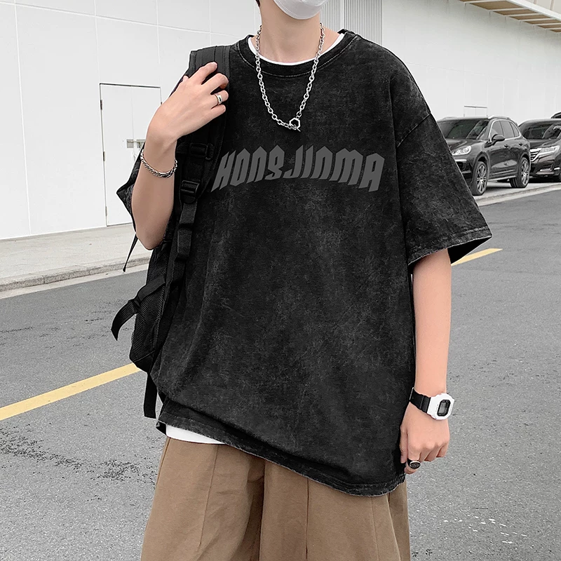 Áo thun tay ngắn vintage chất liệu dày dặn, áo in họa tiết tie-dye phong cách đường phố, áo thun tay lửng rộng rãi thời trang mùa hè dành cho nam.