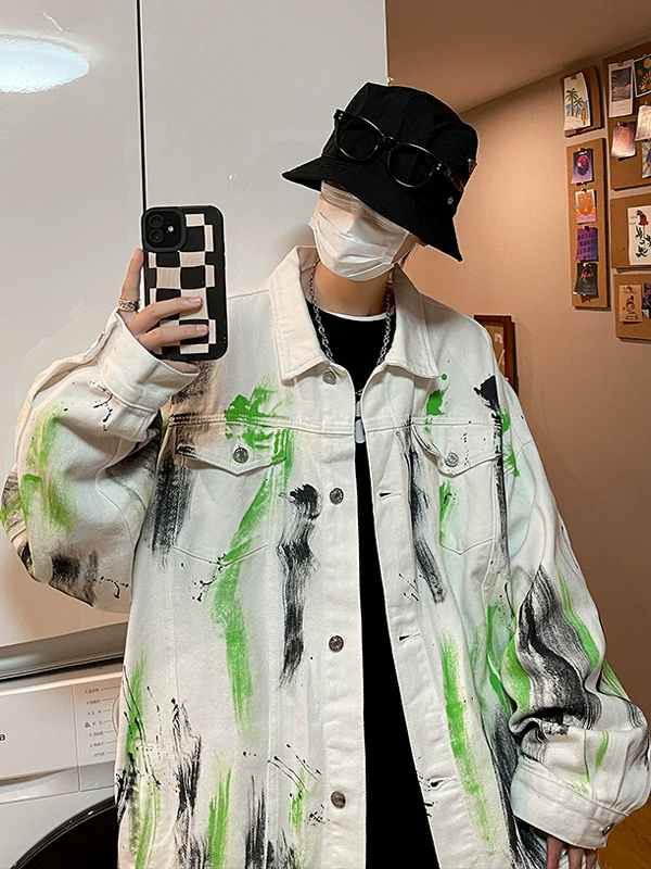 Áo khoác denim tie-dye phong cách graffiti dành cho nam, áo khoác thời trang xuân thu, áo khoác kiểu Hồng Kông BF rộng rãi, phong cách đường phố retro, áo khoác công sở.