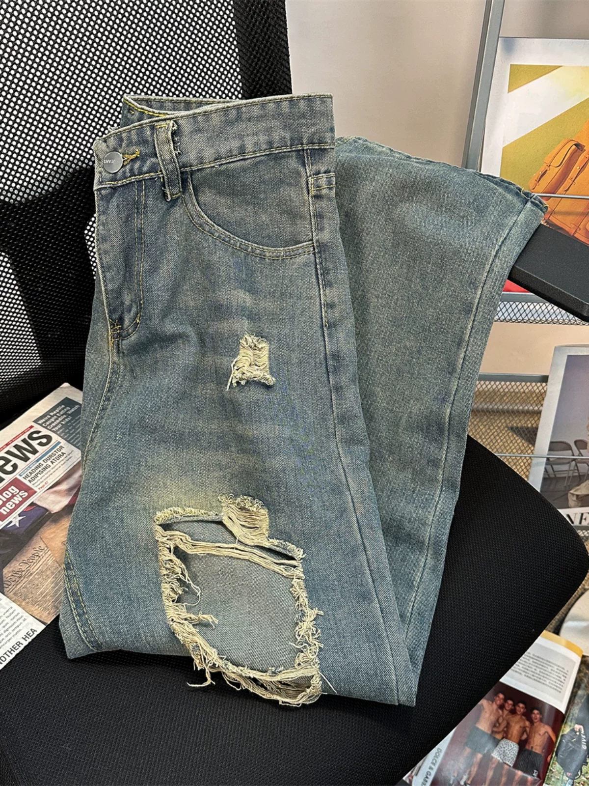 Quần jeans rách nam mùa xuân thu phong cách Mỹ retro thời thượng thương hiệu hip-hop, quần ống rộng vintage giặt mài