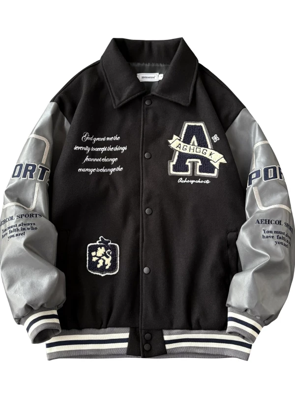 Áo khoác bóng chày thêu khăn cho nam và nữ, mùa xuân thu, áo khoác cổ bẻ cho cặp đôi, áo phối màu phong cách Mỹ thời thượng.