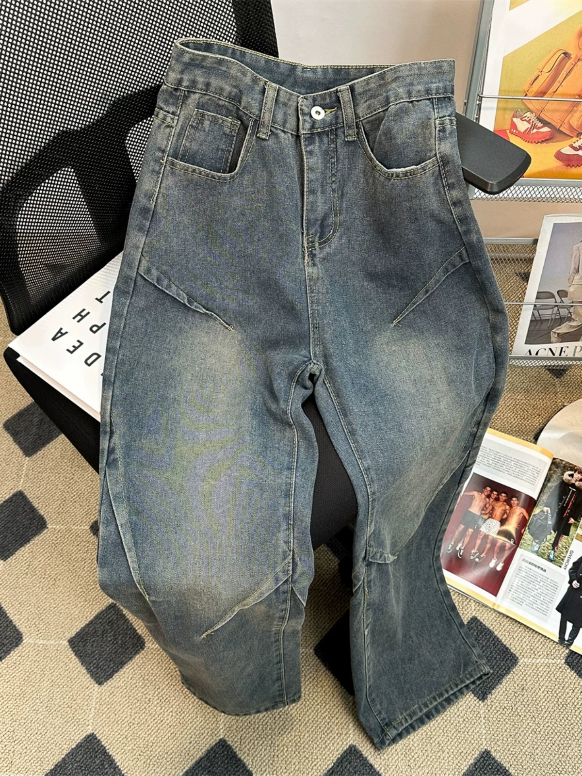 Quần jeans nam kiểu Mỹ retro, thiết kế theo xu hướng mùa xuân, quần ống rộng dáng vintage.