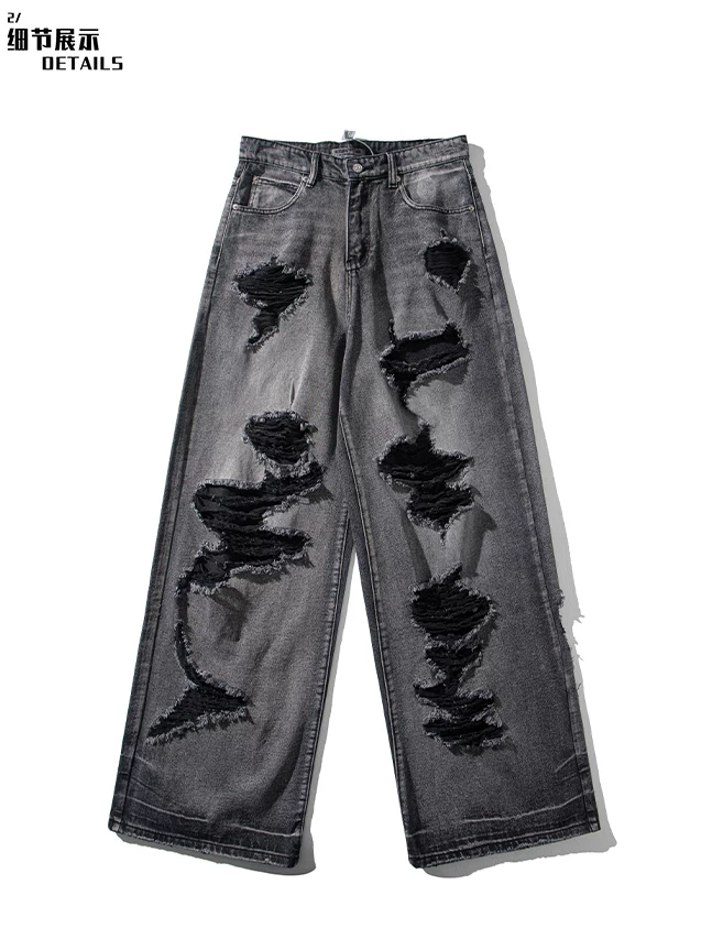 Quần jean rách cho nam, thương hiệu thời thượng mùa thu, dáng rộng, quần ống rộng cổ điển, phong cách đường phố Mỹ, quần ống đứng dài chạm sàn.