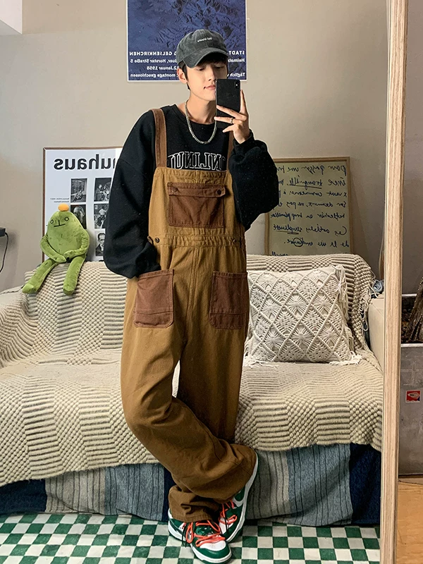 Quần yếm denim phong cách retro Nhật Bản dành cho nam, quần công sở ống rộng mùa hè, thiết kế thương hiệu thời thượng, quần dài dáng rộng thoải mái.