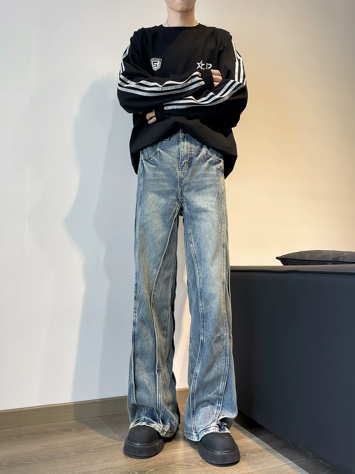 Quần jeans dáng patchwork cho nam, quần wash kiểu Mỹ cleanfit, thương hiệu thời trang xuân thu, quần ống rộng hơi loe.