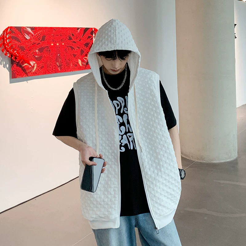 Áo vest dệt kim dành cho nam, thương hiệu thời trang mùa hè, áo nỉ không tay có mũ trùm đầu rộng rãi, phong cách Hồng Kông, áo nỉ không tay đa năng dành cho cặp đôi.