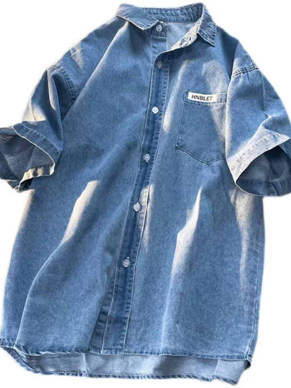 Áo sơ mi denim ngắn tay kiểu Mỹ dành cho nam, áo mùa hè thường ngày, dáng rộng, áo khoác thương hiệu hợp thời trang đa năng dành cho sinh viên.