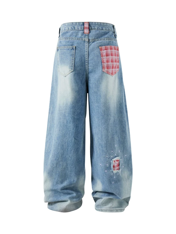 Quần jean nam rách phối vải caro, thương hiệu thời thượng, quần ống rộng dáng suông, thiết kế kiểu Mỹ, quần dài chạm đất.