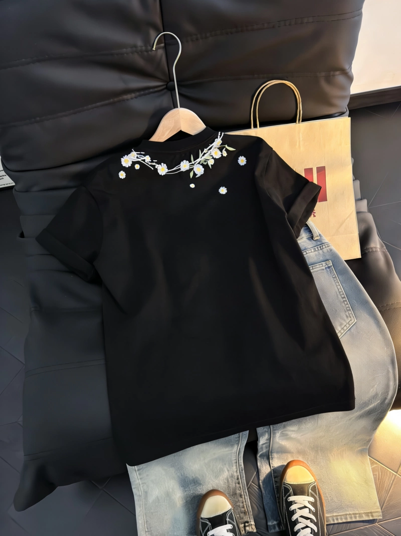 Áo thun nam tay ngắn thêu hoa, áo phông cổ tròn rộng rãi thời trang mùa hè, áo kiểu Mỹ năng động chất liệu Sorona.