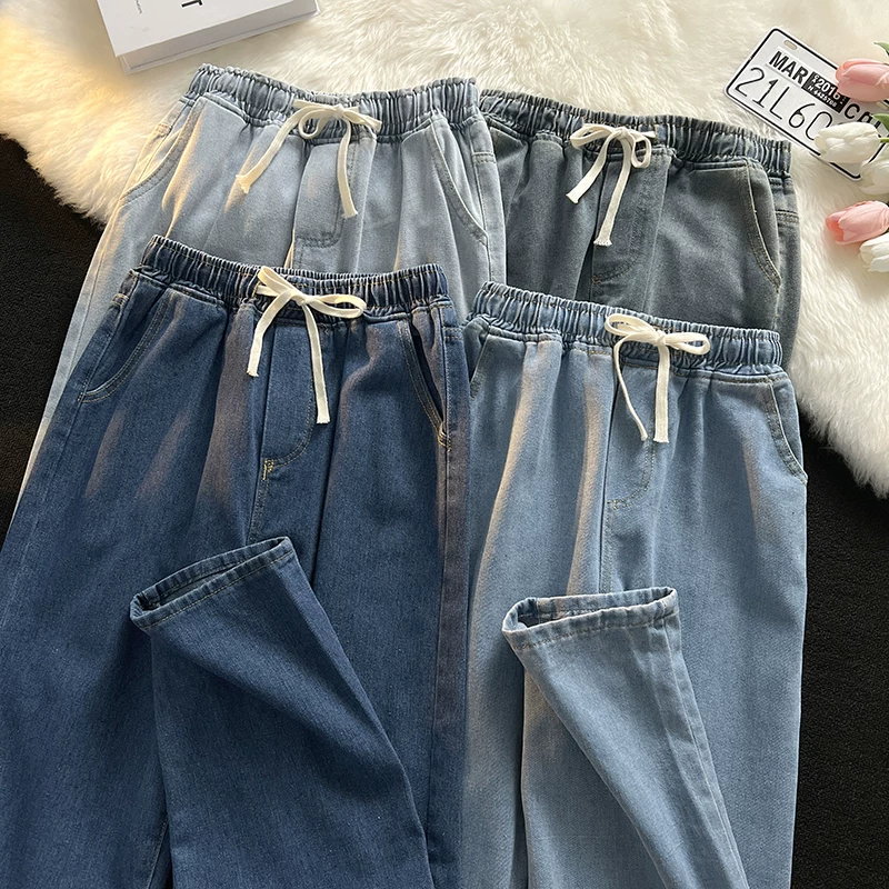 Quần jean ống đứng có dây rút cho mùa xuân thu, quần nam phong cách Hồng Kông, quần dài ống rộng thoải mái, hợp thời trang, đa năng.