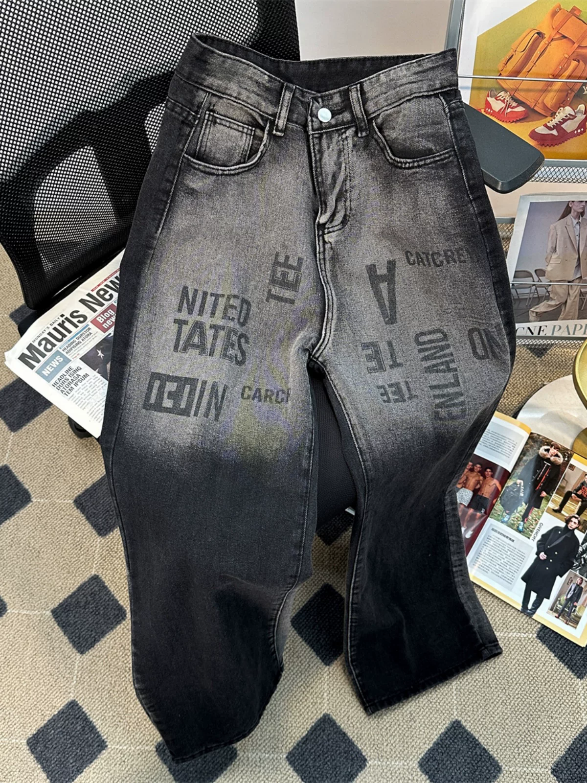 Quần jeans in chữ phối màu phong cách Mỹ, thương hiệu thời thượng, thiết kế kiểu ins, quần nam mùa xuân, dáng rộng, thoải mái, ống rộng