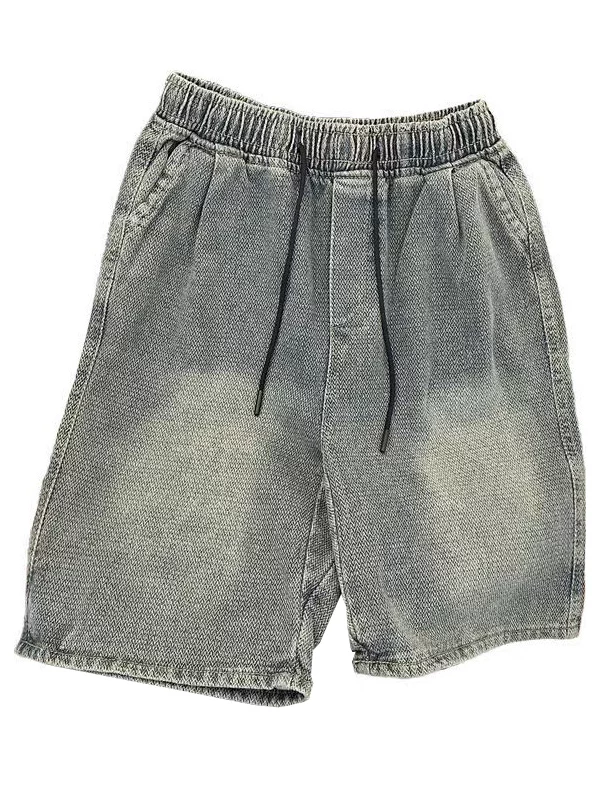 Quần short denim họa tiết bầu trời đầy sao dành cho nam, quần short mùa hè phong cách Mỹ thời thượng, quần short ống rộng lưng thun co giãn năm phần.