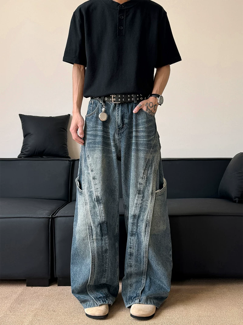 Quần jean nam kiểu dáng thiết kế thời trang, quần ống đứng phối vải phong cách Mỹ, quần ống rộng retro phong cách đường phố.