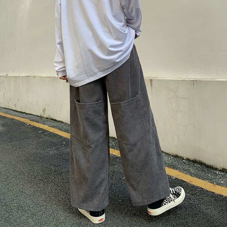 Quần nam mùa xuân thu, phong cách Hồng Kông, quần vải nhung cổ điển, thương hiệu thời thượng, dáng rộng, túi lớn, ống thẳng, quần dài chạm đất.