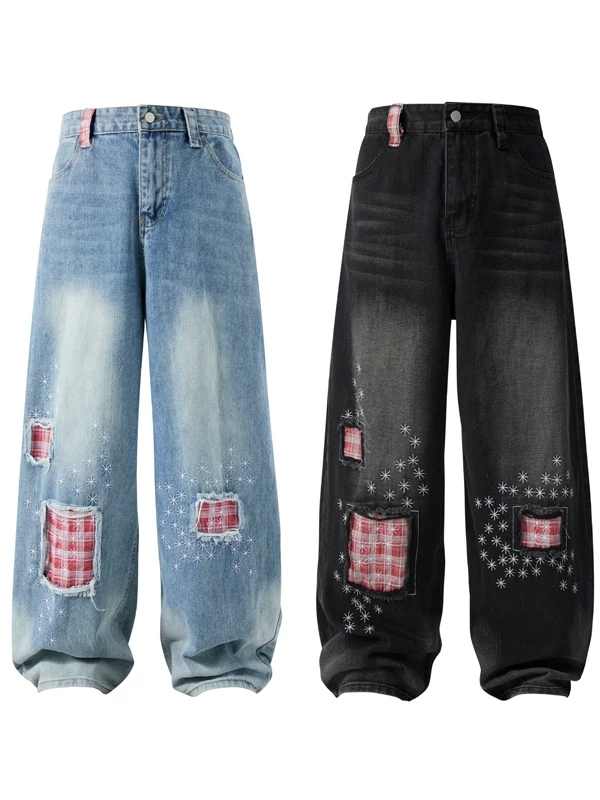 Quần jean nam rách phối vải caro, thương hiệu thời thượng, quần ống rộng dáng suông, thiết kế kiểu Mỹ, quần dài chạm đất.